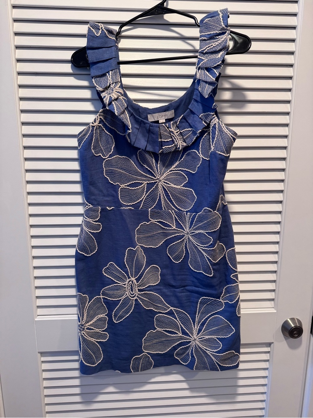 LOFT Blue Floral Ruffle-Trim Mini Dress
